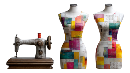 Vintage Sewing Machine with Colorful Dress Forms on Isolated Transparent Background