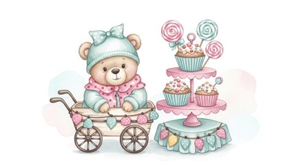 Watercolor teddy bear baby shower cupcakes lollipops carriage pastel colors sweet celebration adorable party