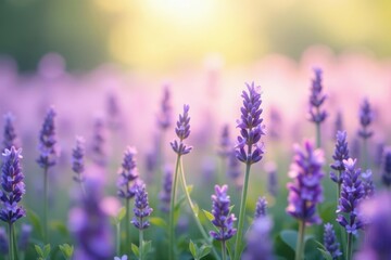Fototapeta premium Serene Sunset Glow Illuminates a Field of Delicate Lavender Blossoms, Their Purple Petals Basking in the Golden Hour Light