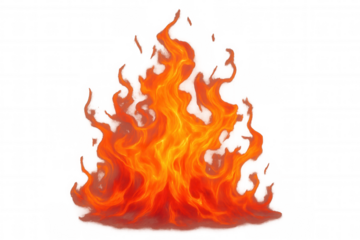 Bright orange and red fire flames burning intensely, symbolizing energy, power, and danger on transparent background