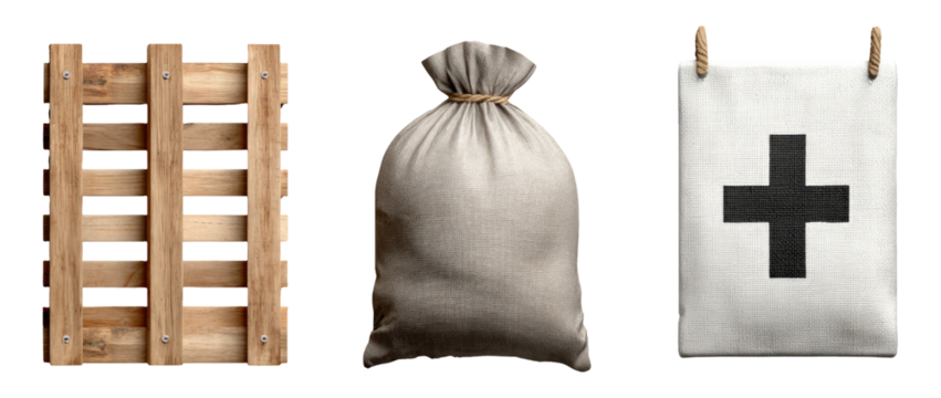 Isolated Wooden Pallet, Burlap Sack, and Fabric Banner with Cross Symbol on Transparent Background