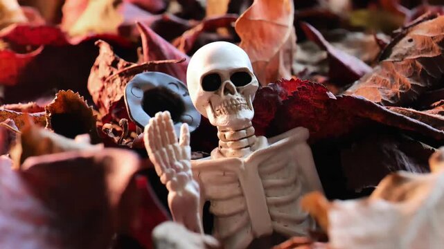 halloween background.White decorative skeleton in autumn bright foliage close-up. 4k footage