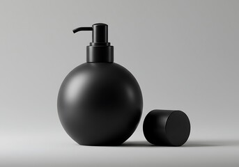 Obraz premium Minimalist black soap dispenser and lid on gray background