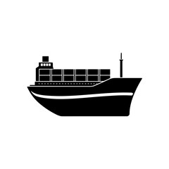 Cargo ship black silhouette on transparent background