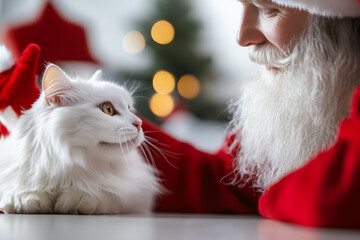 A heartwarming scene of Santa Claus interacting gently with a fluffy white cat, capturing the spirit of Christmas joy.
