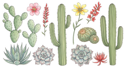 Watercolor cactus and succulent collection isolated on transparent background, desert plant with flower, botanical illustration for decoration and design element