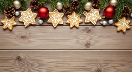 A festive Christmas border of gingerbread star cookies and ornaments on a wooden background.