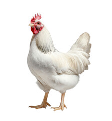 Fototapeta premium A white chicken stands proudly, isolated on transparent background, its feathers neatly arranged, showcasing its healthy and wellgroomed appearance