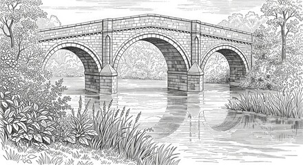 Illustration of stone arch bridge over river with trees and nature landscape art drawing sketch design