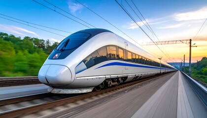 Fototapeta premium High-Speed Train on Tracks at Sunset - Modern Transportation and Technology.