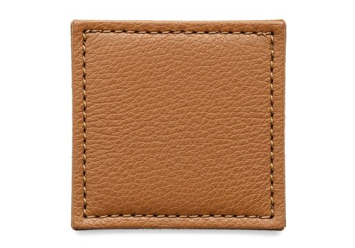 Close up of a small textured brown leather rectangle with stitched edges
