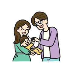 赤ちゃんと両親の幸せなひとときをカラフルに描いた家族イラスト