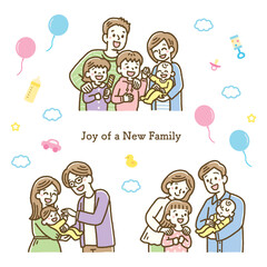 いろいろな家族と赤ちゃんの笑顔のイラストセット パステルカラー