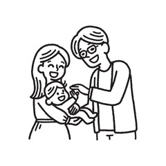 3人家族 赤ちゃん パパ ママ 抱っこ 見つめる 笑顔 モノクロ 手描き イラスト