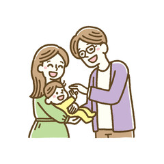 ママに抱っこされる赤ちゃんと、それを笑顔で見つめるパパの温かい家族イラスト