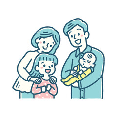 ４人家族 赤ちゃん 姉 見守る 笑顔 シンプルカラー ベクター イラスト