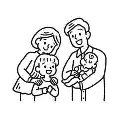 4人家族 赤ちゃん 姉 抱っこ 見つめる 笑顔 モノクロ 手描き イラスト