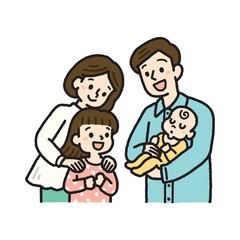 赤ちゃんとお姉ちゃん、両親の笑顔を描いたカラフルな家族イラスト