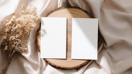 Fototapeta premium Minimalist wedding invitation mockup with two vertical cards on round wooden slice, soft beige fabric, dried flowers, natural daylight, neutral elegant flat lay composition, realistic editorial style.