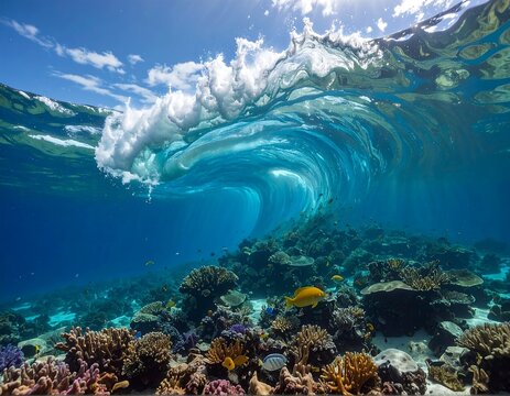 Underwater Wave Breaking Over Coral Reef with Fish and Blue Sky. - Powered by Adobe