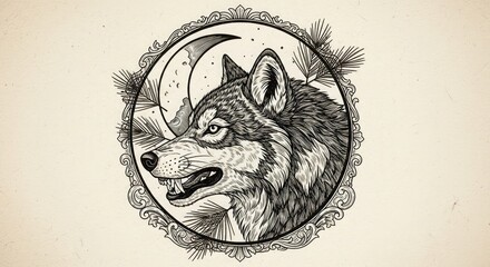 Wolf moon tattoo design illustration drawing art animal nature forest wildlife predator canine night sky vintage