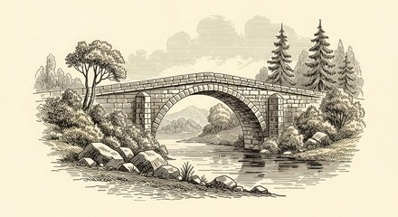 Stone bridge landscape illustration vintage drawing river trees nature scenic rural archway artwork print