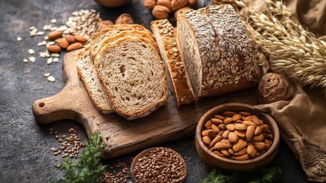 Freshly baked bread and assorted nuts on a rustic wooden cutting board