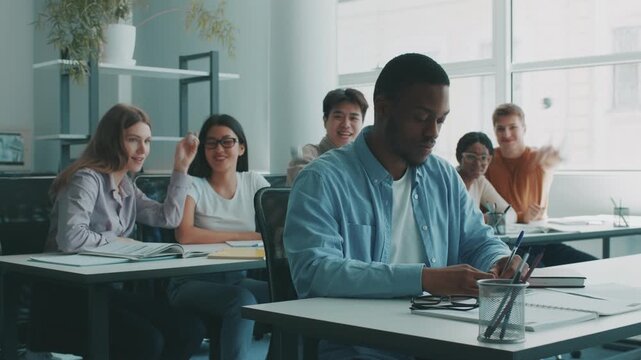 In a bright university classroom, diverse students engage in studying and collaboration. Some are focused on their work, while others bullying their classmates