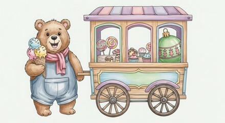 Cute bear with ice cream and candy cart illustration for children's books and whimsical designs