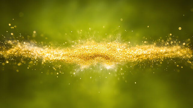 A mesmerizing swirl of gold particles against a soft green backdrop, creating an ethereal and magical ambiance.