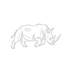 Fototapeta premium Vector art of a dynamic line drawing of a rhinoceros in motion, showcasing its powerful build and iconic horn, isolated on a, ideal for wildlife themes