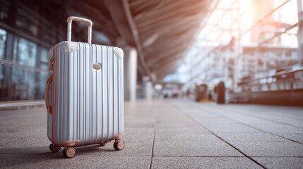 A silver suitcase with a handle and wheels, placed on a concrete floor in an airport terminal.