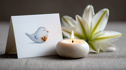 A minimalistic sympathy greeting card with a delicate dove beside a lit candle and a white lily symbolizing peace and remembrance