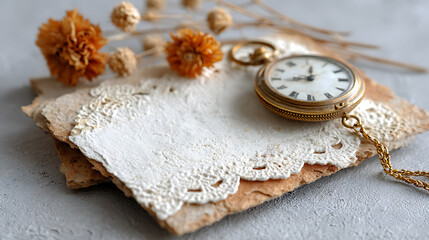A vintage blank greeting card with intricate lace and faded textures beside a pocket watch and dried flowers, with copy space for text