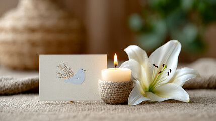 A minimalistic sympathy greeting card with a delicate dove beside a lit candle and a white lily symbolizing peace and remembrance