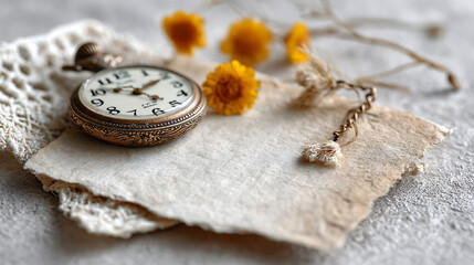 A vintage blank greeting card with intricate lace and faded textures beside a pocket watch and dried flowers, with copy space for text