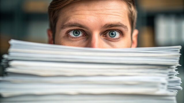 Upcoming new year business goal change focused man peeking over stack of paperwork showing determination and anticipation