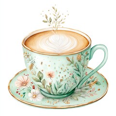 Fototapeta premium Floral Tea Cup and Saucer: A delightful floral patterned tea cup, overflowing with a warm, aromatic beverage, rests gracefully on a matching saucer.