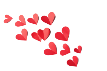red paper hearts on white background