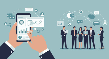 A vector illustration depicting a modern stock exchange platform on a smartphone, connecting business professionals and facilitating financial analysis and communication.