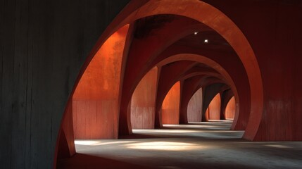 A red and orange tunnel with arches, illuminated by sunlight, leading to a dark end.