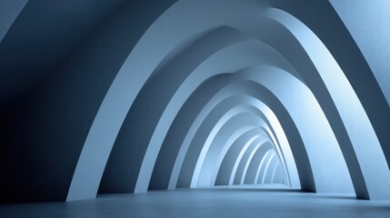 A blue and white abstract architectural structure with curved arches, creating a tunnel-like effect. The background is a gradient of blue shades, and the foreground features a smooth, polished floor.