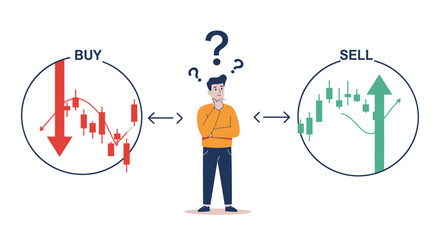 Confused man stands between stock exchange charts showing buy and sell decisions with rising and falling market trends.