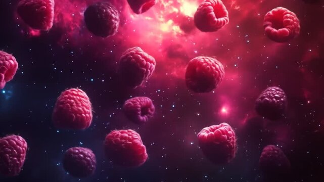 Raspberry cosmic particles floating through a vibrant pink and red nebulae