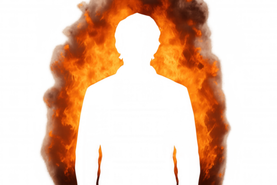 Human silhouette igniting with burning fire, representing passion, anger, energy, determination, and intense emotion