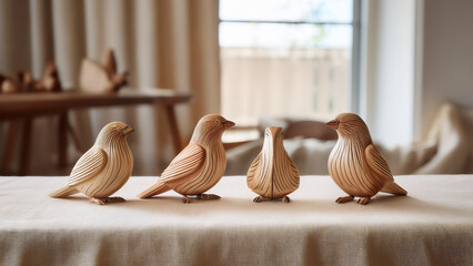 Small, detailed wooden bird carvings arranged neatly on a light linen cloth over a wooden table. Soft diffused daylight from side window. Shallow depth of field focusing on the front bird. Background 