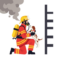 Naklejka premium A firefighter, kneeling, comforts a small dog after a rescue from a smoky fire.