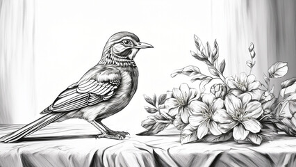 Small, detailed wooden bird carvings arranged neatly on a light linen cloth over a wooden table. Soft diffused daylight from side window. Shallow depth of field focusing on the front bird. Background 