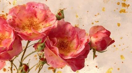 A close-up of a pink rose with yellow centers, surrounded by golden splatters on a beige background, with a soft focus effect.