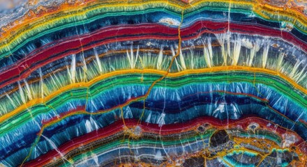 An abstract closeup of vibrant, colorful rock layers, showcasing a mesmerizing array of hues and patterns, revealing the earths geological history and artistic beauty